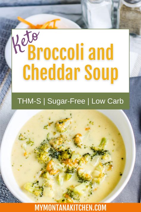 This Low Carb Broccoli And Cheddar Soup is the perfect comfort food to warm you up on a chilly day. It has all the flavors you're accustomed to, like lots of broccoli and creamy, cheesy goodness. With only 8 ingredients, you can quickly make this easy THM-S broccoli cheese soup and still have leftovers! Low Carb Broccoli Cheddar Soup, Low Carb Broccoli Cheese Soup, Thm Soup, Healthy Broccoli Cheese Soup, Broccoli And Cheddar Soup, Low Carb Broccoli, Cheese Pork Chops, Broccoli Cheese Soup Recipe, Montana Kitchen