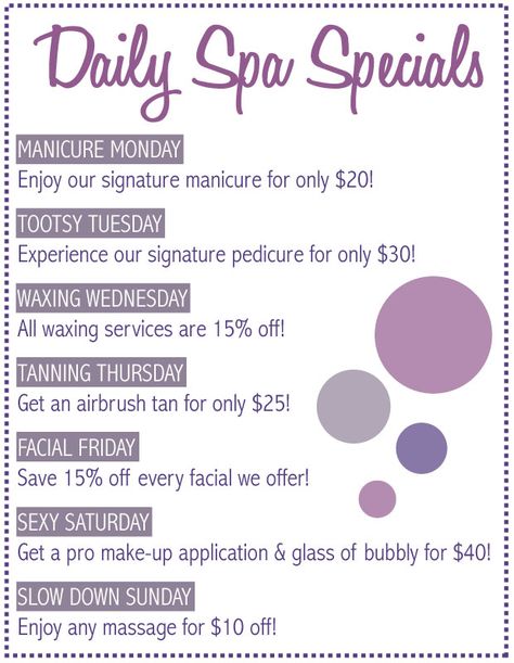 Beauty Salon Promotion Ideas, Spa Packages Ideas Spas, Facial Ideas Spas, Nail Salon Promotion Ideas, Esthetician Specials Ideas, Opening A Medical Spa, Esthetician Promotion Ideas, Salon Event Ideas, Spa Promotion Ideas