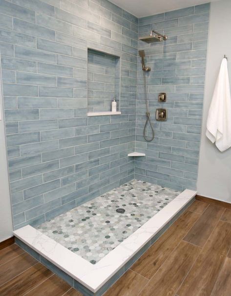 Blue Shower Tile, Blue Bathroom Tile, Beach House Bathroom, Full Bathroom Remodel, Modern Bathroom Tile, Bathroom Redesign, Bathroom Shower Tile, Bathroom Remodel Shower, Bathroom Remodel Designs