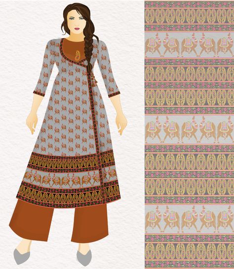 Digital Illustration of Angrakha Style Anarkali Suit in using classic camel and floral motifs Anarkali Illustration, Angrakha Style Anarkali, Angrakha Style, Fashion Illustrations Techniques, Lace Evening Gowns, Anarkali Suit, Clothing And Textile, Anarkali, Painting Patterns