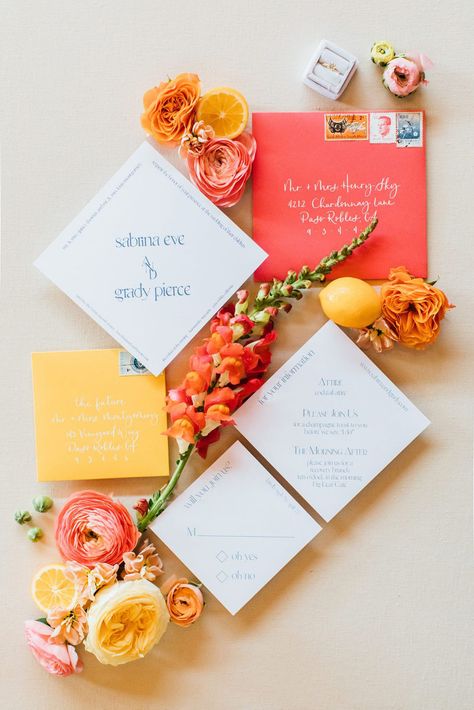 Summer Wedding Stationary, Summer Wedding Details, Colorful Wedding Invites, Wedding Invitations Colorful, Colorful Minimalist Wedding, Summer Wedding Invites, Sunset Wedding Invitations, Summer Wedding Cake, Modern Summer Wedding