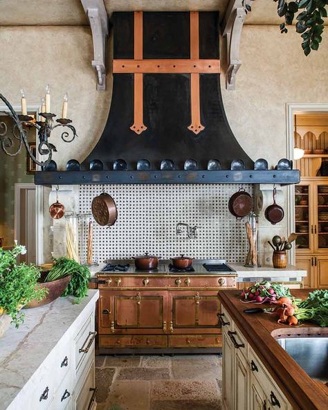 This custom La Cornue range looks perfect in this exquisite French-style chateau.   (📸: Erik Kvalsvik, designer: Barry Dixon) French Country Style Kitchen, Country Style Kitchen, Classic Kitchen, French Country Kitchen, French Kitchen, Southern Home, House And Home Magazine, Kitchen Style, Beautiful Kitchens