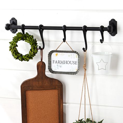 Farmhouse Hanging Rack with Hooks Towel Bar Decor, Stove Decor, Country Room, Kitchen Cabinets Ideas, Kitchen Cabinet Ideas, Farmhouse Easter, Diy Camper Remodel, Cabinets Ideas, Farmhouse Aesthetic