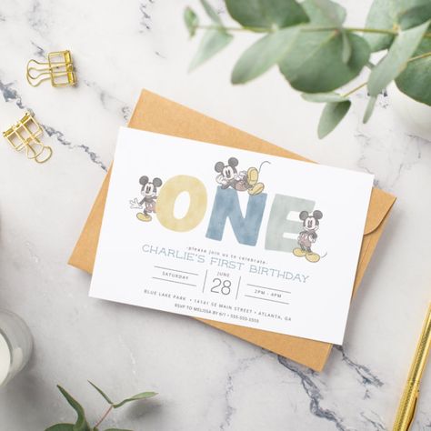 Mickey Mouse Watercolor First Birthday Invitation Mickey Mouse Birthday Aesthetic, Disney 1st Birthday Boy, Disney First Birthday Boy, Modern Mickey Mouse Birthday, Watercolor First Birthday, Mickey Mouse Watercolor, Γενέθλια Mickey Mouse, Mouse Watercolor, Mickey First Birthday