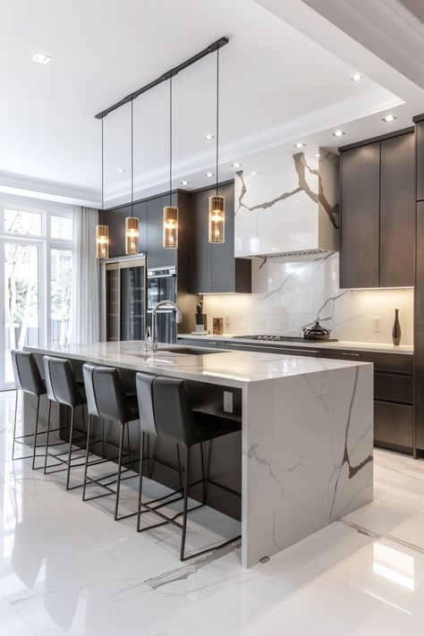 Chic Minimalist Kitchen Design: Black, White & Metal Accents Modern Marble Kitchen Design, White Marble Waterfall Island, Black And White Marble Kitchen, Kitchen Inspirations Luxury, Black Marble Kitchen, Marble Kitchen Design, Waterfall Kitchen Island, Modern Marble Kitchen, White Kitchen Inspiration