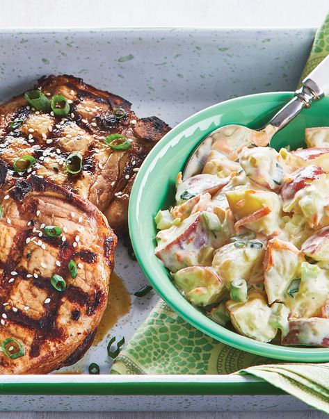 Wasabi Potato Salad | Wasabi is more than that green Play-Doh-like ball that comes with your sushi rolls. You can use it to add a fiery hot flavor to just about anything, including this unique recipe for Wasabi Potato Salad. Serve it as a side dish for any Japanese- or Asian-inspired meal, including these Japanese Grilled Pork Chops.  #food #recipe #cuisineathome #potatosalad #potatoes #potatorecipes #potatosaladrecipes #sidedish #sidedishrecipes Pork Chop Recipes Grilled, Salad Inspiration, Unique Recipe, Green Play, Vegetable Side Dishes Recipes, Grilled Pork Chops, Asian Inspired Recipes, Chops Recipe, How To Cook Potatoes