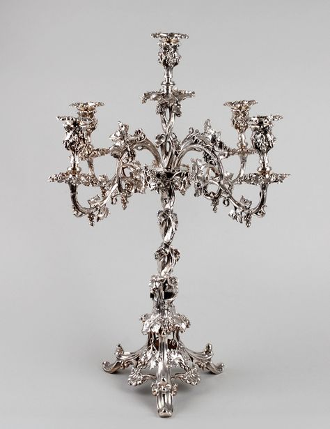 Grand four-arm silver-plated antique English candelabra with grapevine decoration circa 1890 with removable branches, 59cm tall. From The London Silver Vaults. Candlebra Centerpiece, Bocuse Dor, Silver Candelabra, Multiple Candles, Candelabra Chandeliers, Moldavite Jewelry, Four Arms, Silver Table, Vintage Silverplate