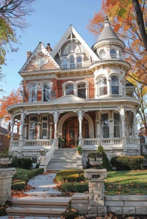 Victorian Homes Fall, Pretty Victorian Houses, Victorian Townhouse Exterior, Old Style Homes Exterior, Historical Victorian Homes, Fall Victorian House, Old Houses Exterior, Witchy Victorian House, Modern Victorian Architecture