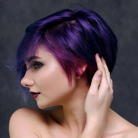 25 Hottest Dark Hair Color Ideas for Short Hair in 2024 Purple Color Hair Ideas, Short Hair Bold Color Ideas, Fantasy Hair Color Ideas For Short Hair, Oil Slick Hair Color Short, Hair Color Ideas Short Hair Pixie Cuts, Purple Hair Color Ideas For Short Hair, Short Purple Hair Pixie, Dark Purple Short Hair, Vivid Purple Hair