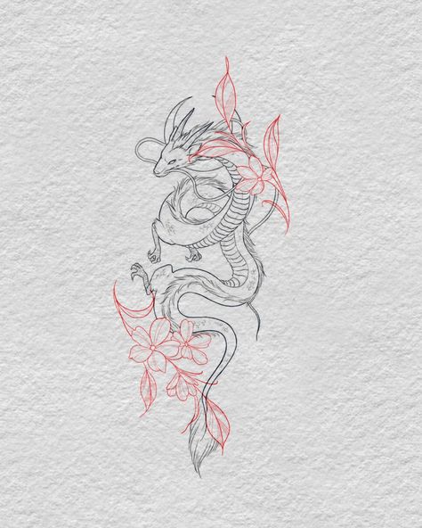 Red Spider Lily Dragon Tattoo, Tatoos Woman Dragon, Spider Lily With Dragon Tattoo, Escapism Tattoo Ideas, Spider Lily Red Tattoo, Leo Dragon Tattoo, River Spine Tattoo, Feminine Japanese Sleeve, Fine Dragon Tattoo