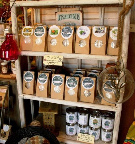 Display of organic herbal tea Herbal Tea Display, Herbal Tea Display Ideas, Farmers Market Tea Display, Tea Marketing Ideas, Tea Display Ideas, Herb Display, Apothecary Pantry, Herbal Tea Recipes Homemade, Lavender Green Tea