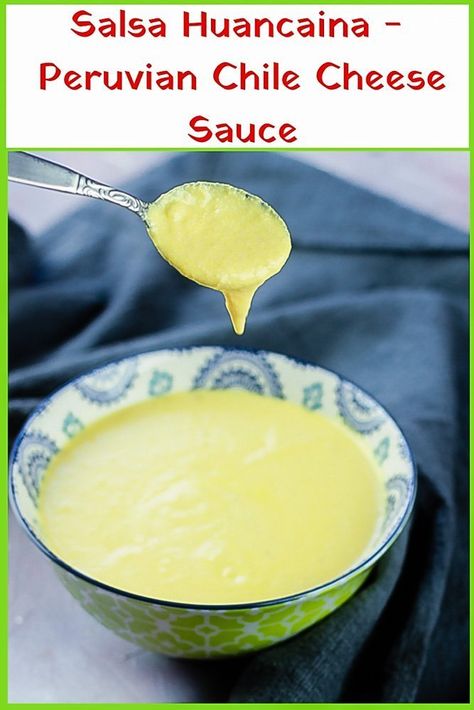 Salsa Criolla Peruvian, Peruvian Potatoes Recipes, Huancaina Sauce Recipe, Huancaina Sauce, Chili Cheese Sauce, Peruvian Corn, Spicy Cheese Sauce, Peruvian Potatoes, Savory Appetizers