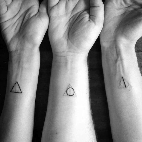 Tiny Harry Potter Tattoos, Geometric Tattoo Meaning, Tattoo Harry Potter, Small Geometric Tattoo, Sibling Tattoos, Harry Potter Tattoos, Geometric Tattoo Design, Matching Couple Tattoos, Friendship Tattoos