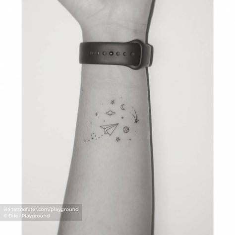 Universe and paper plane tattoo located on the wrist, fine line style. Meaningful Space Tattoos, Airplane Flower Tattoo, Paper Airplane Tattoo, Aviation Tattoo, Paper Airplane Tattoos, Paper Plane Tattoo, Plane Tattoo, Universe Tattoo, Airplane Tattoos