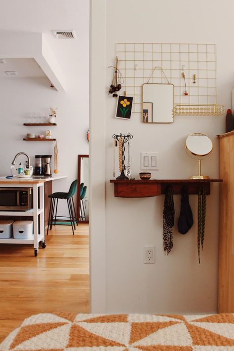 Apartment With Roommates, Shallow Shelves, Apartment Entryway, Brooklyn Apartment, Moving In Together, Small Entryway, Up House, Shelf Styling, Hand Painting Art