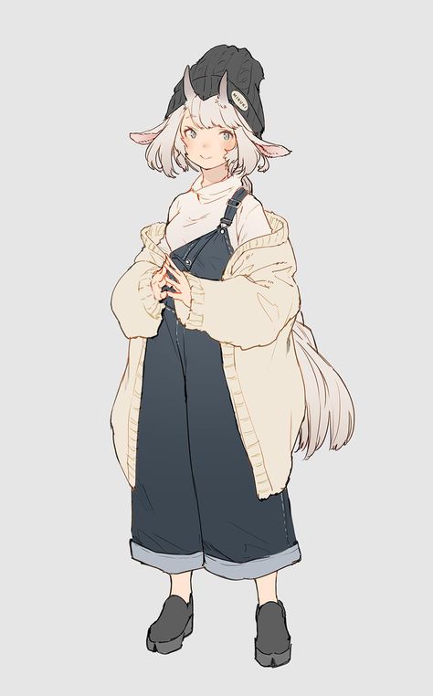 Beanie, turtle neck, oversized cardigan, overalls, sneakers 캐릭터 드로잉, Arte Sketchbook, Art And Illustration, 판타지 아트, Sketch Art, Character Design References, Illustration Vector, Cartoon Art Styles, White Hair