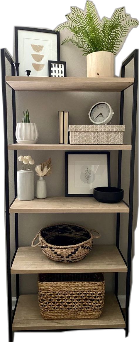 Black Book Shelf Decor Living Room, Black And Beige Shelf Decor, Modern Rustic Bookshelf Decor, Bookshelf Styling With Baskets, Livingroom Ladder Shelf, Tv Shelf Ideas, Arranging Bookshelves, Leaning Shelves, Bookshelf Home