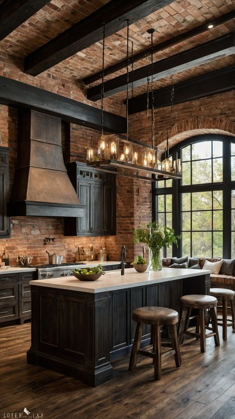 Rustic Kitchen With Black Appliances, Kitchens With Ceiling Beams, Wood Grain Tile Kitchen, Rustic Kitchen With Black Cabinets, Luxury Farmhouse Kitchen Design, Rustic Kitchen Black Cabinets, Luxury Mountain Kitchen, Black Kitchens With Wood, Rustic Kitchen Floor