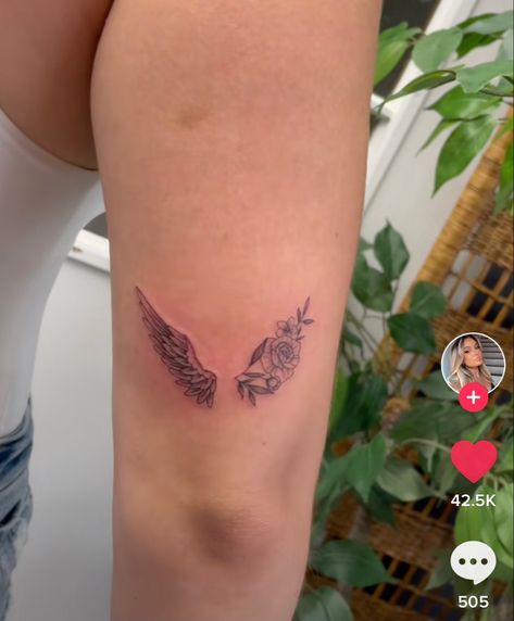 Half Wing Half Flower Tattoo, Angel And Flower Tattoo, Womens Rib Tattoos Side Tat, Flower Wings Tattoo, Angel Wing Tattoo Memorial, Angle Wing Tattoos, Flower Bouquet Tattoo, November Birth Flower, October Flowers