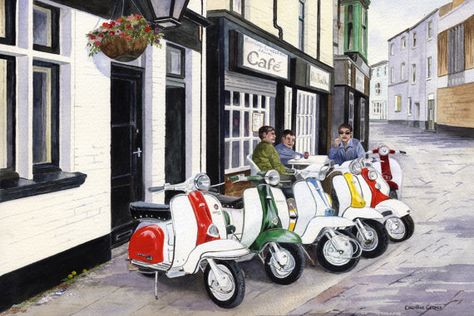 Life in the Fast Lane, Limited Edition, Scooter Print, Vespa, Lambretta, Mod Local Cafe, Black Cocker Spaniel, Mod Scooter, Swinging London, Lambretta Scooter, Lining Up, Vespa Lambretta, Vespa Vintage, Image Painting