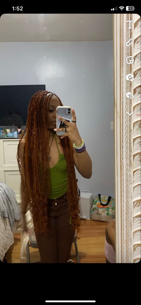 Ginger Goddess Twist, Ginger Bohemian Twists, Copper Island Twist, Honey Brown Island Twist, Island Boho Twist With Color, Boho Island Twist Hairstyle, Ginger Boho Twists, Ginger Senegalese Twist, Honey Blonde Island Twist