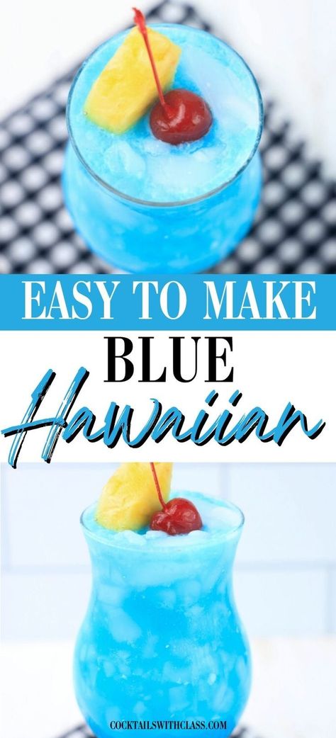 Blue Hawaiian Cocktail Recipe Hawaiin Drinks, Blue Summer Drink, Blue Alcoholic Drinks, Blue Hawaiian Drink, Luau Drinks, Rum Drinks Easy, Blue Hawaiian Cocktail, Blue Hawaii Cocktail, Summer Drinks Alcohol Recipes