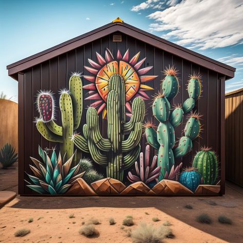 Mexican Exterior Design, Aztec Wall Mural, Western Wall Murals Paintings, Mural On Side Of House, Mural On Metal Building, Western Mural Ideas, Shed Murals Outdoor Easy, Cactus Wall Painting, Outdoor Murals Backyards