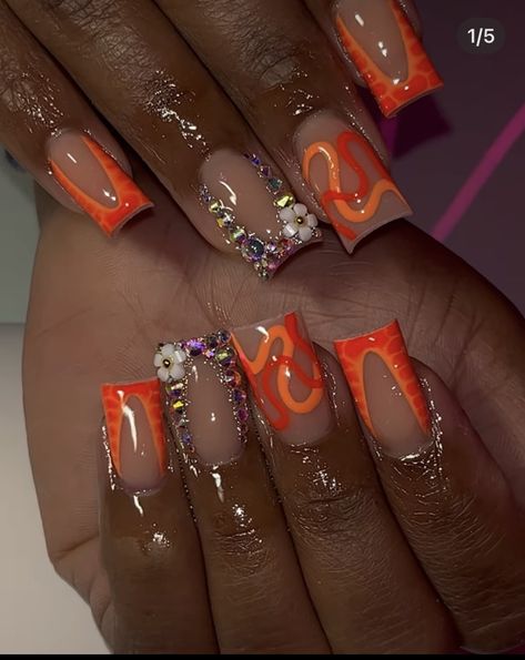 Short Orange Nail Designs, Orange Acrylic Nails, Acrylic Nail Set, Hard Nails, Colored Acrylic Nails, Girly Acrylic Nails, Work Nails, Short Square Acrylic Nails, Exotic Nails