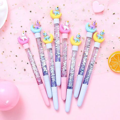 Unicorn School Supplies, Moon Unicorn, Glitter Unicorn, Kawaii Pens, Unicorn And Glitter, Study Stationery, Pen Collection, Cartoon Unicorn, School Accessories