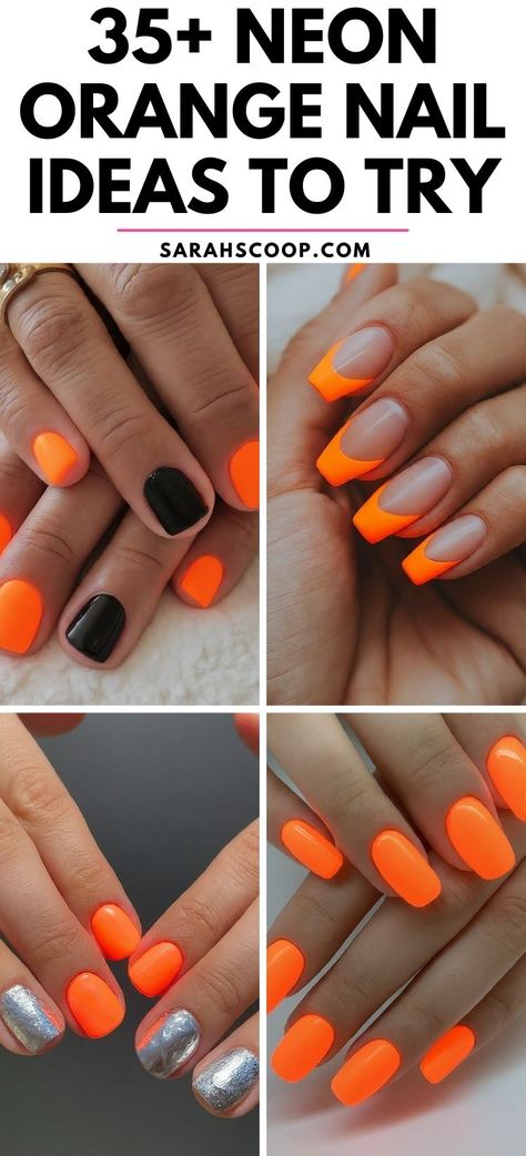 Brighten up your style with these 35+ neon orange nail designs. They're perfect for summertime or to add a pop of color in the colder months. #NailArt #NeonNails #NailDesigns Neon Halloween Nails Short, Orange Nails Black Tips, Orange And Black Nails Ideas, Neon Orange Halloween Nails, Black Nails With Orange Tips, Black And Orange Nails Ideas, Orange And Black French Tip Nails, Orange And Black Nail Ideas, Neon Fall Nails