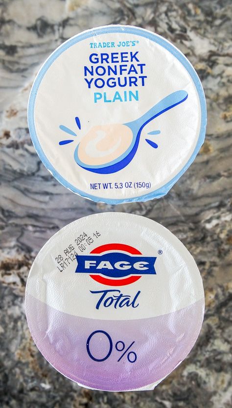 Trader Joe's Nonfat Greek Yogurt vs. Fage 0% | Sweet on Trader Joe's Fage Yogurt, Fruit And Vegetable Wash, Greek Chickpeas, Blueberry Waffles, Dairy Desserts, Nonfat Greek Yogurt, Freeze Ice, Lactobacillus Acidophilus, Chicken Meatballs