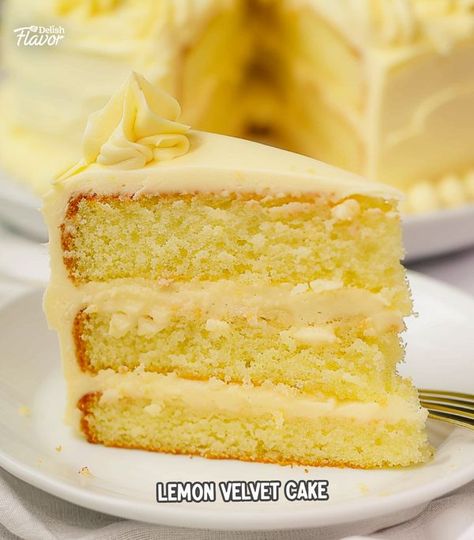 Delish Flavor | Lemon Velvet Cake with Creamy Lemon Frosting (3 Layers) | Facebook Dairy Free Lemon Cake, Lemon Cake Frosting, Lemon Velvet Cake, Olive Oil Cake Recipe, Vegan Lemon Cake, Lemon Buttercream Frosting, Lemon Olive Oil Cake, Lemon Layer Cakes, Lemon Cream Cheese Frosting