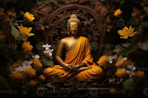 a golden buddha statue surrounded by flowers AI Generated Golden Buddha Statue, Golden Buddha, Surrounded By Flowers, Tree Saw, Wedding People, Heart Tree, Cityscape Photos, Logo Banners, Nature Backgrounds