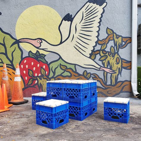 Milkcrate street furniture is invading the Milk District Milk Crate Table, Milk Crate Seats, Milk Crate Furniture, Food Stall Design, Milk Crate Ideas, Coffee Shop Branding, Crate Table, Small Cafe Design, Street Coffee