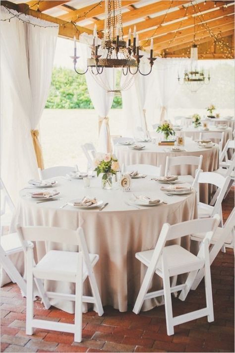 Like this table with color, here with white chairs similar to what MBBG has Furniture Top View, White Folding Chairs, Vintage Wedding Table, White Chairs, Wedding Table Linens, Rustic Chair, Reception Chair, Outdoor Wedding Reception, Wedding Set Up