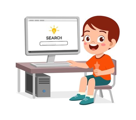 Cute little kid use computer to study in... | Premium Vector #Freepik #vector #school #people #technology #children Computer Cartoon, Kids Going To School, Computer Vector, Kid Boy, Kids Study, Kids Ride On, Kids Pictures, Happy Kids, Kids Art Projects