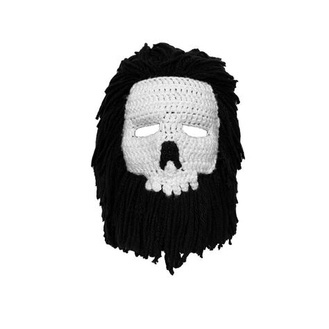 Crocheted mask of a skull with a black "mane" in a ghillie suit style Ski Mask Fashion, Prom Props, Hooded Hat, Box Manga, Amazon Halloween, Lions Mane, Funky Rugs, Crochet Mask, Hood Hat