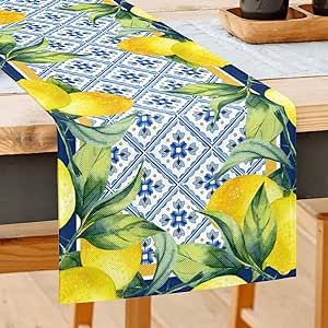 FJPT Spring Summer Decorations Lemon Cyan Blue Table Runner 13x90 Inch Seasonal Kitchen Dining Table Decoration for Indoor Outdoor Gathering Dinner Party Patio Decor Table Center Decor, Lemon Table Runner, Lemon Themed Bridal Shower, Product Table, Fruit Table, Patio Indoor, Summer Table Runner, Blue Table Runner, Farmhouse Table Runners