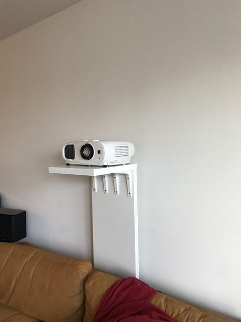 Projector In Small Living Room, Projector Stand Diy, Small Room Projector, Projector Tv Living Room, Bedroom Projector Setup, Mallory Grace, Projector Shelf, Apartment Barcelona, Projector Wall Mount