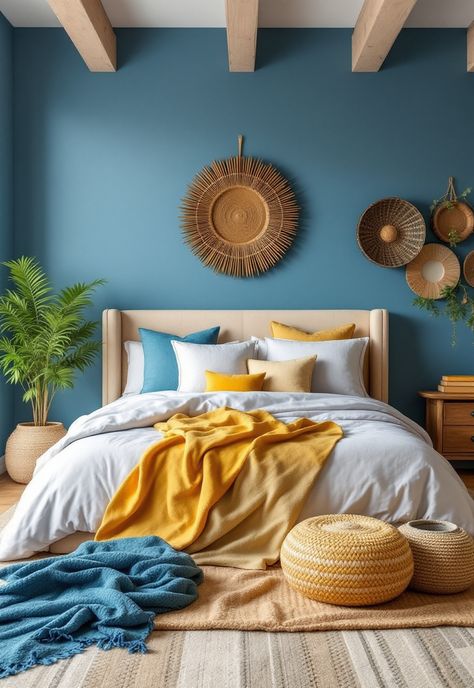 Blue and Yellow Boho Decor Blue Orange Yellow Bedroom, Green Blue Yellow Bedroom, Bedroom Blue And Yellow, Blue And Yellow Bedroom Ideas, Teal And Yellow Bedroom, Yellow Kids Bedroom, Blue And Yellow Bedroom, Blue Yellow Bedrooms, Peacock Blue Bedroom