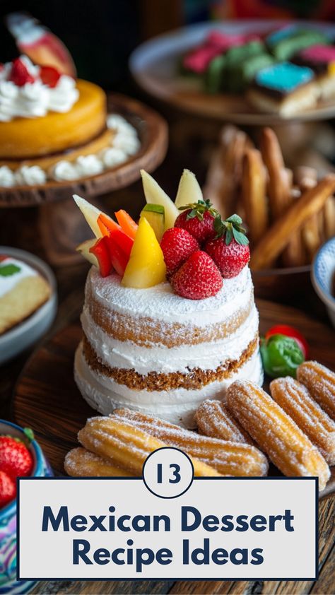 An assortment of traditional Mexican desserts, including churros and tres leches cake, arranged on a wooden table, showcasing vibrant colors and textures. Mexican Dessert Table, Creamy Flan, Authentic Mexican Desserts, Mexican Brunch, Mexican Sweets, Mexican Pastries, Mexican Desserts, Mouthwatering Desserts, Taco Dinner