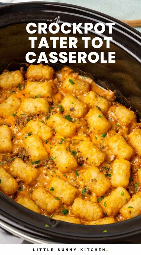 Easy cheesy Crock Pot Tater Tot Casserole is everyone's favorite, and the perfect comforting family friendly weeknight dinner recipe. Potato Soup With Tater Tots, Slow Cooker Tator Tot Casserole, Crock Pot Meals For Picky Eaters, Tater Tot Soup, Crock Pot Pot Luck Ideas, Crockpot Tater Tot Casserole, Tater Tot Casserole Crock Pot, Tator Tot Casserole Recipe Easy, Tater Tot Hot Dish