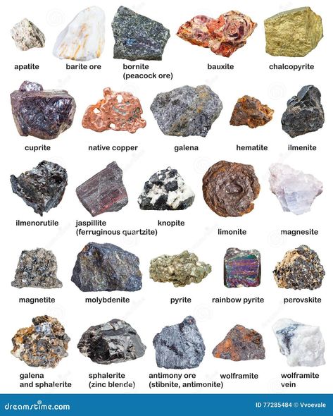 Various Raw Minerals and Ores with Names Isolated Stock Photo - Image of background, natural: 77285484 Rock Identification Pictures, Raw Gemstones Rocks, Crystal Identification, Mineral Identification, Rock Identification, Igneous Rocks, Raw Minerals, Meteorology, Minerals And Gemstones