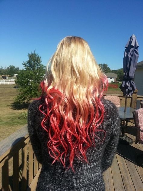 Red ombre! Did this temporarily  to my hair over the summer and want to do it again! Maybe permanently... Red Hair Ends, Blonde Hair With Red, Blonde Hair With Red Tips, Red And Blonde Hair, Red Hair Tips, Red And Blonde, Cool Blonde Hair Colour, Red Ombre Hair, Red Blonde Hair