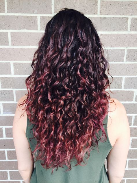 Curly Balayage Hair Red, Rose Gold Highlights Curly Hair, Cherry Coke Balayage, Rose Gold Balayage Brunettes, Curly Balayage Hair, Rose Highlights, Rose Gold Hair Ombre, 2024 Haircut, Rose Gold Hair Brunette