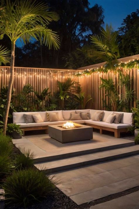 Serene small backyard with soft lighting and comfortable seating. Airbnb Backyard Ideas, Patio Ideas For Small Spaces, Luxury Backyards, Cozy Outdoor Seating, Small Patio Spaces, Backyard Patio Ideas, Rattan Decor, Elegant Backyard, Austin House