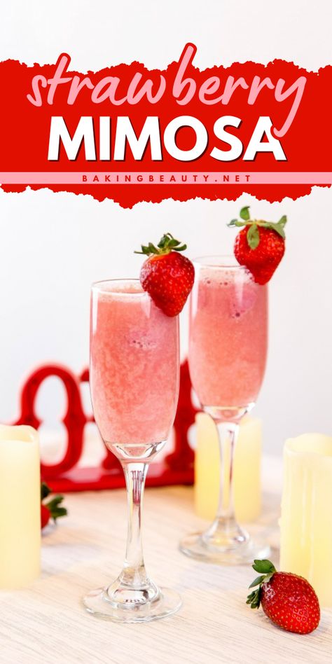 My easy, make-ahead Strawberry Mimosas are fruity, creamy, and so easy to make. They only require a few ingredients and taste like strawberry sherbet! Strawberry Mimosa Recipe, Strawberry Mimosas, Strawberry Champagne Cocktail, Strawberry Sherbet, Strawberry Mimosa, Spring Drink, Spring Cocktails Recipes, Fun Drinks Alcohol, Mimosa Recipe