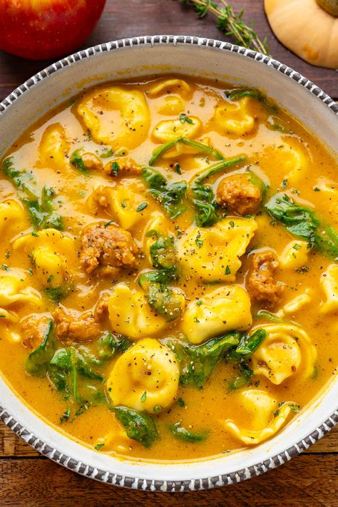 Butternut Squash & Sausage Tortellini Soup., Soups With Lots Of Veggies, Trader Joe’s Butternut Squash Soup, Butternut Squash Sausage Tortellini Soup, Butternut Squash And Tortellini, Italian Butternut Squash Soup, Butternut Squash Tortellini Soup, Fall And Winter Soups, Gourmet Fall Recipes