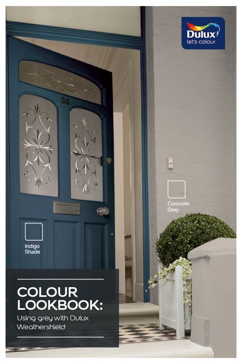 Colour Lookbook Weathershield Greys Exterior House Colors Dulux Colour Schemes, Dulux Weathershield Exterior Colours, Dulux Exterior Paint Colours, Grey Home Exterior, Dulux Pozieres Exterior, Silkwort Dulux Paint Exterior, Dulux Exterior Paint, Outdoor Paint Colors, Exterior Front Door Colors