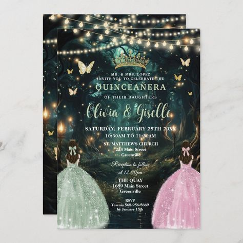 Enchanted Forest Sage Green Pink Twins Quinceañera Invitation Sweet 16 Twins, Enchanted Forest Background, Enchanted Forest Quinceanera, Dress Quinceanera, 16th Birthday Invitations, Sage Green Floral, Sage Green Dress, Sixteenth Birthday, Emerald Green Dresses